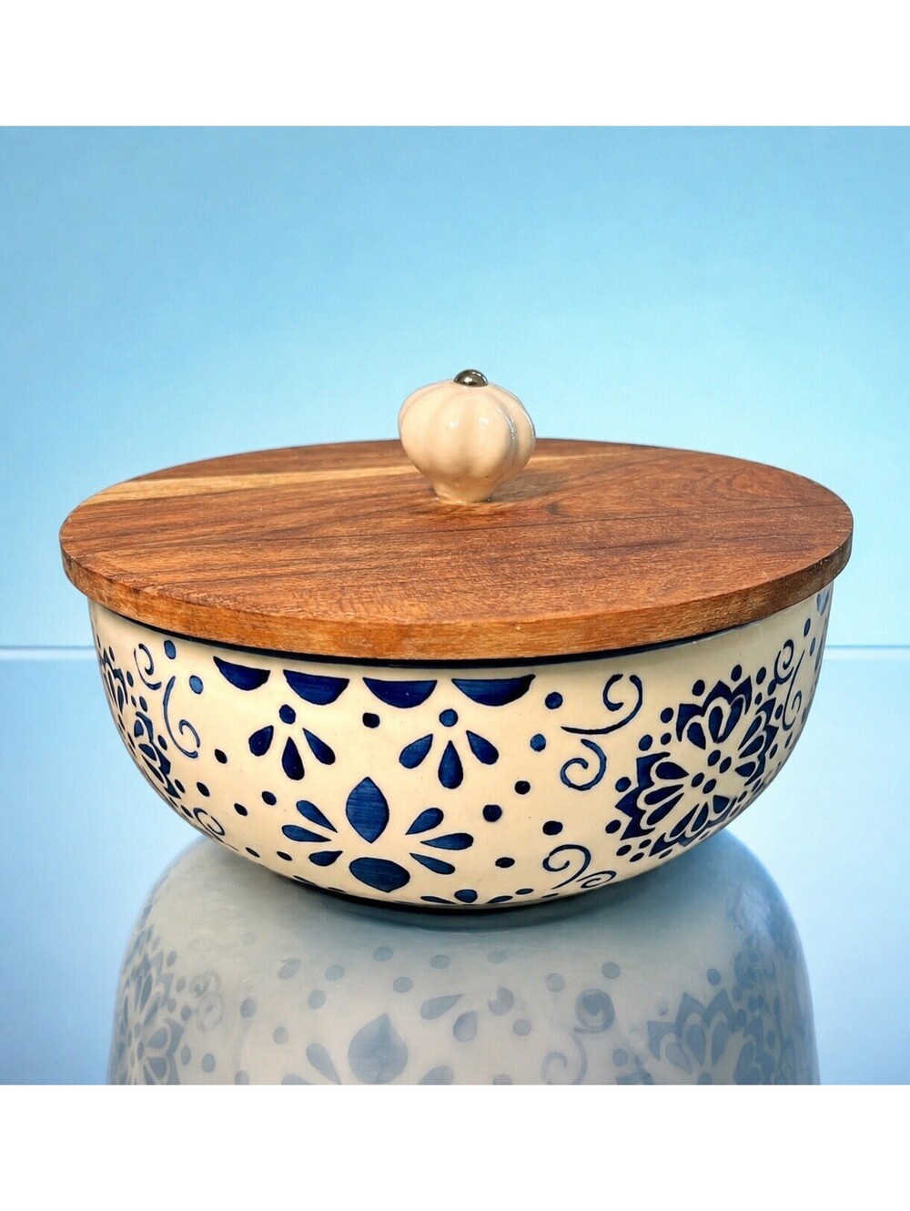 Indian 1990s Handcrafted Ceramic Covered Bowl Blue White Mango Wood Lid 7.5x5.5"